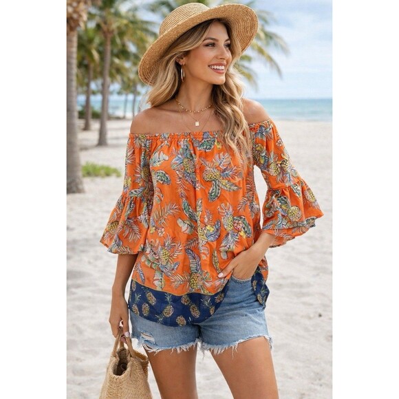 Tops - Womens Shirt Medium Boho Orange Tropical Island Hawaiian Flowy Relaxed Pineapple